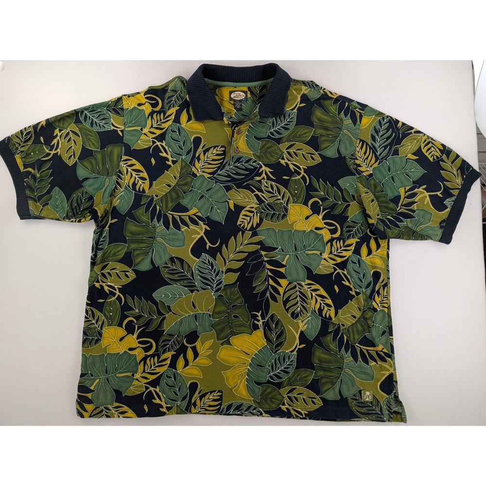 Tommy Bahama Mens XXL Green Yellow Tropical Monstera Leaf Cotton Polo Shirt